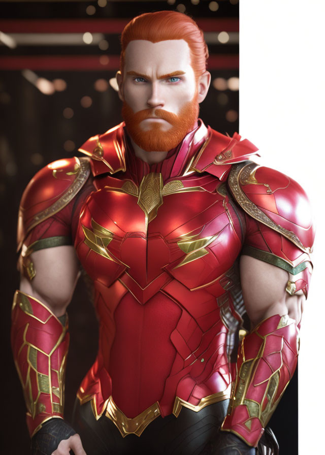 Red-haired, bearded superhero in red and gold armor suit with emblem on chest against dark background