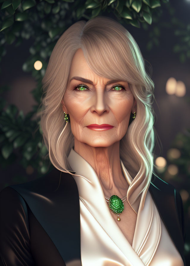 White-Haired Older Woman with Green Jewelry on Leafy Background