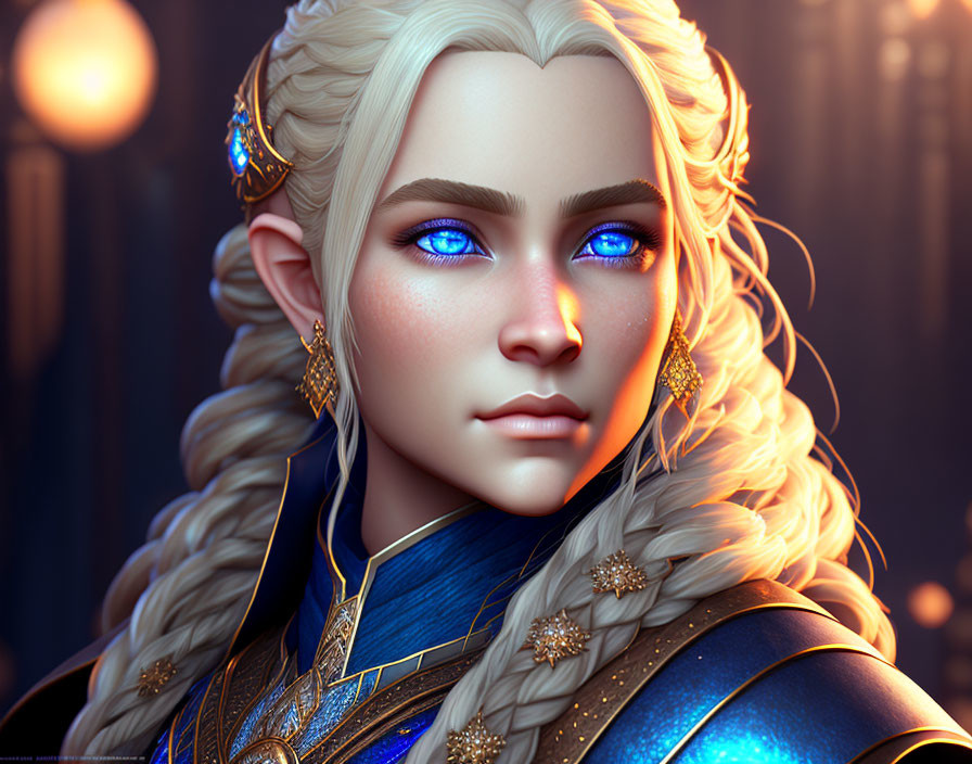 Elf portrait with blue eyes, blond hair, armor, and jewelry on dark background.