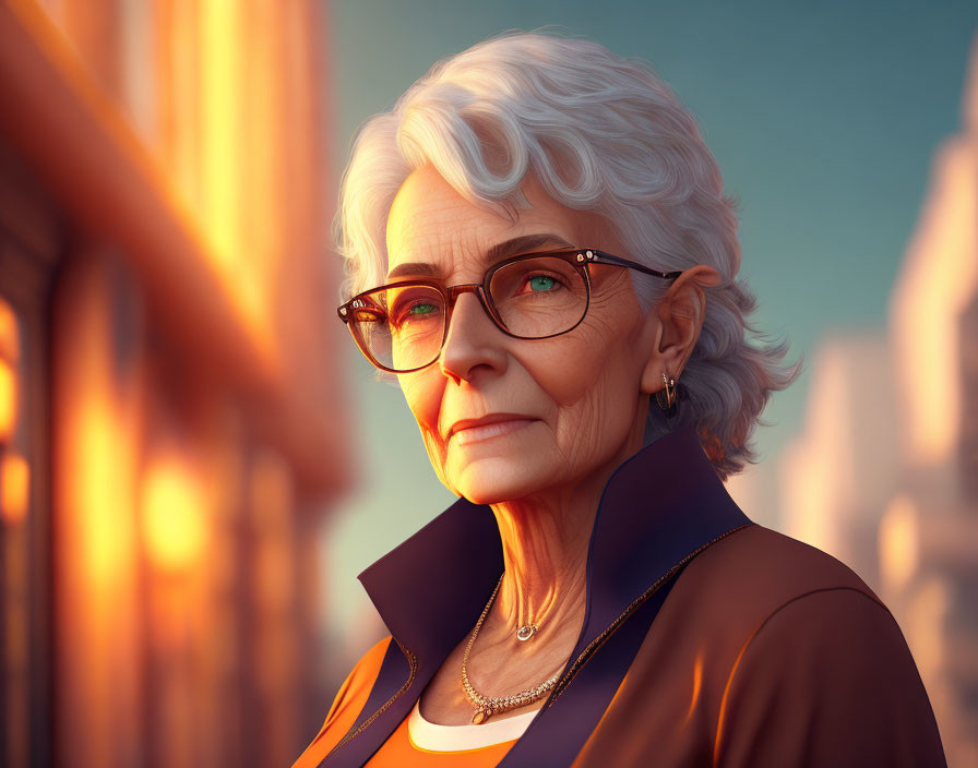 Elderly woman with white hair and glasses at sunset