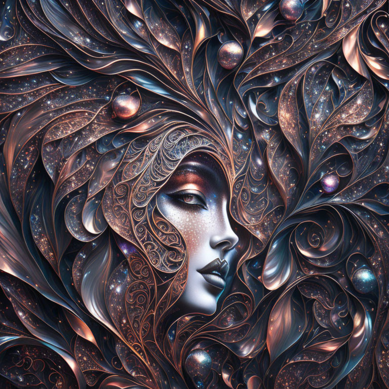 Stylized female face with intricate metallic patterns.