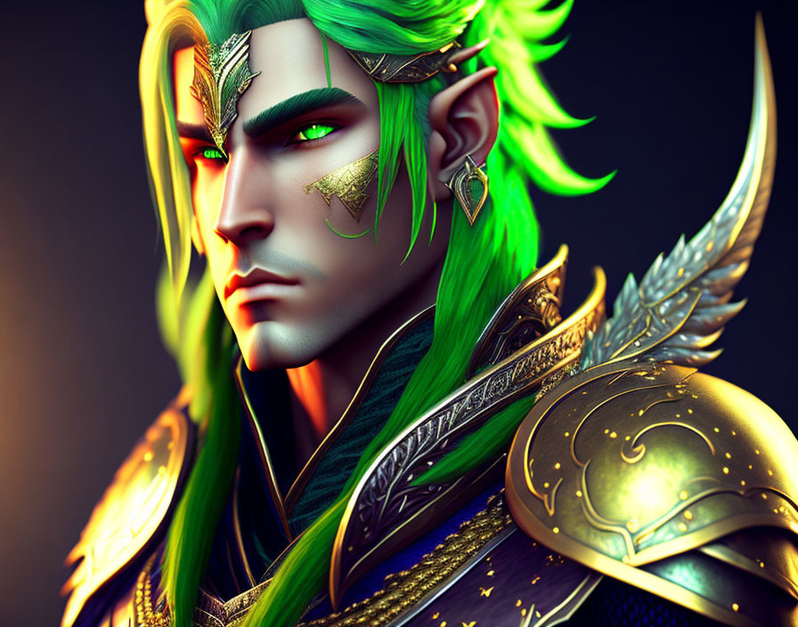 Elf with Green Hair and Golden Armor in Stylized Image