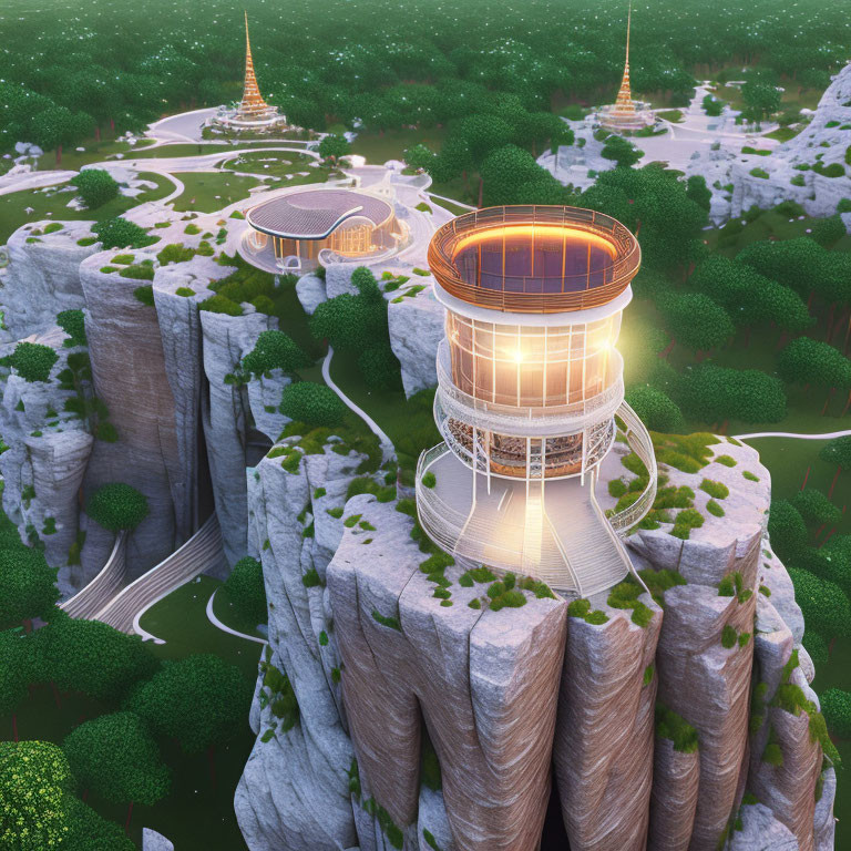 Futuristic illuminated observation tower on rugged cliffs amid lush greenery