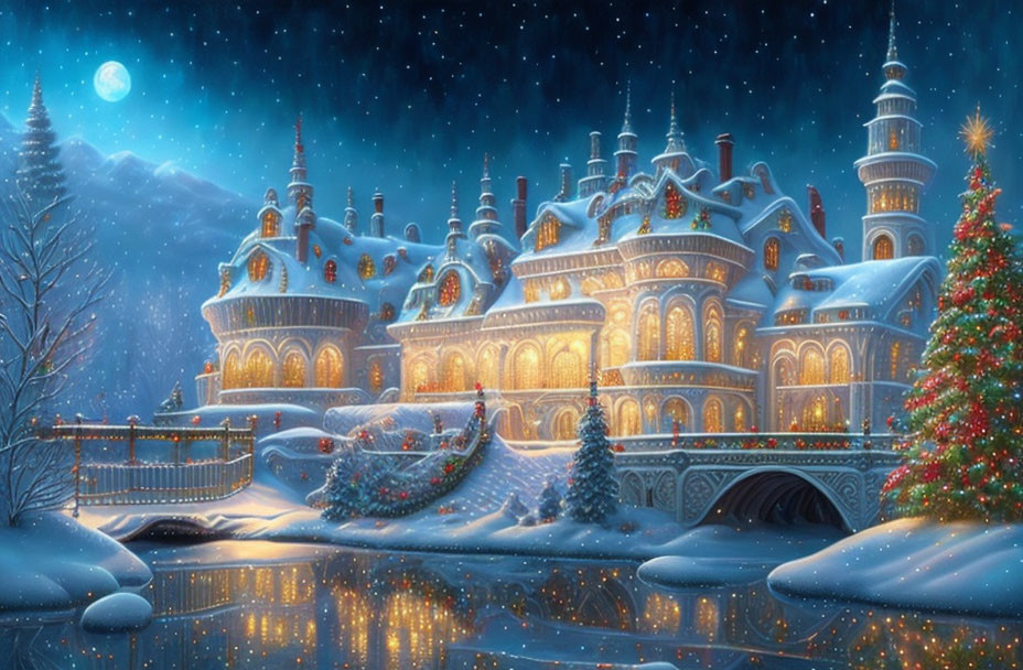 Winter Wonderland: Grand castle, Christmas tree, frozen river in night snowfall