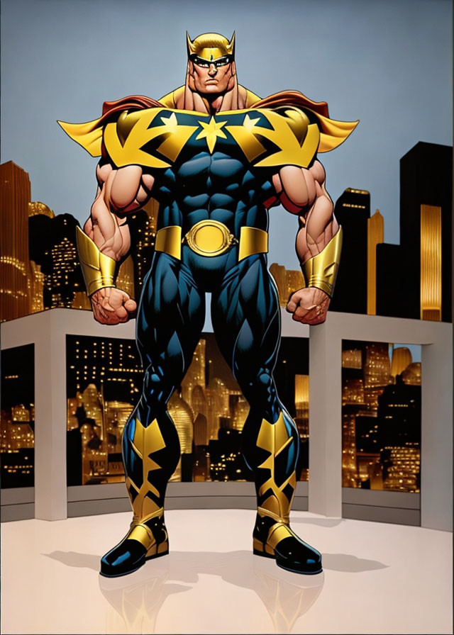 Muscular animated superhero in black and gold costume with star emblem.