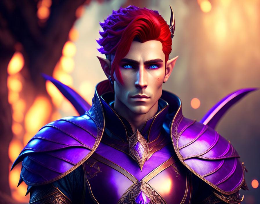 Fantasy male elf with red hair in purple armor on fiery background