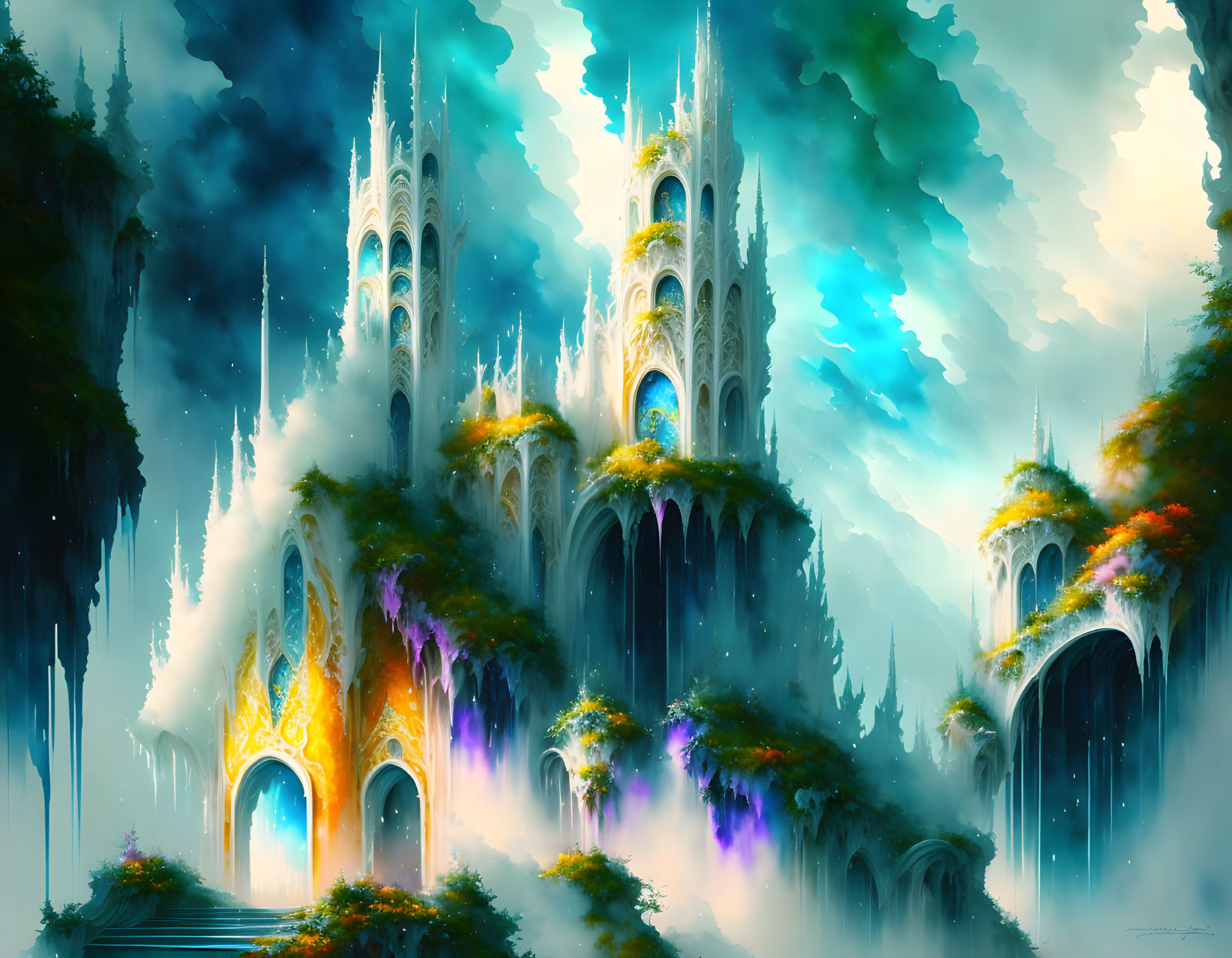 Fantasy Castle in Mystical Clouds with Towering Spires