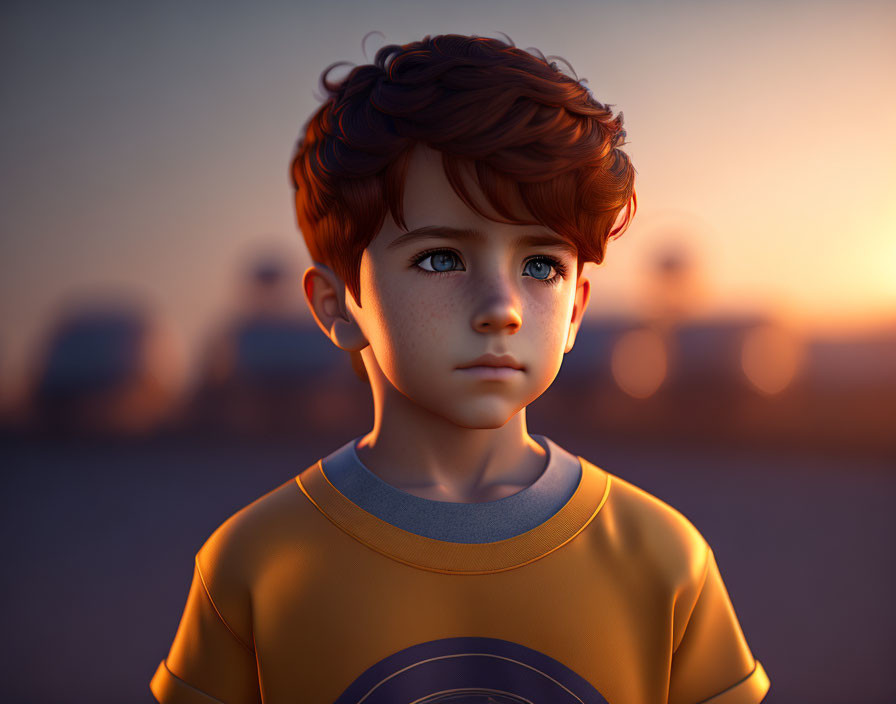 Red-haired boy in yellow shirt gazes at sunset