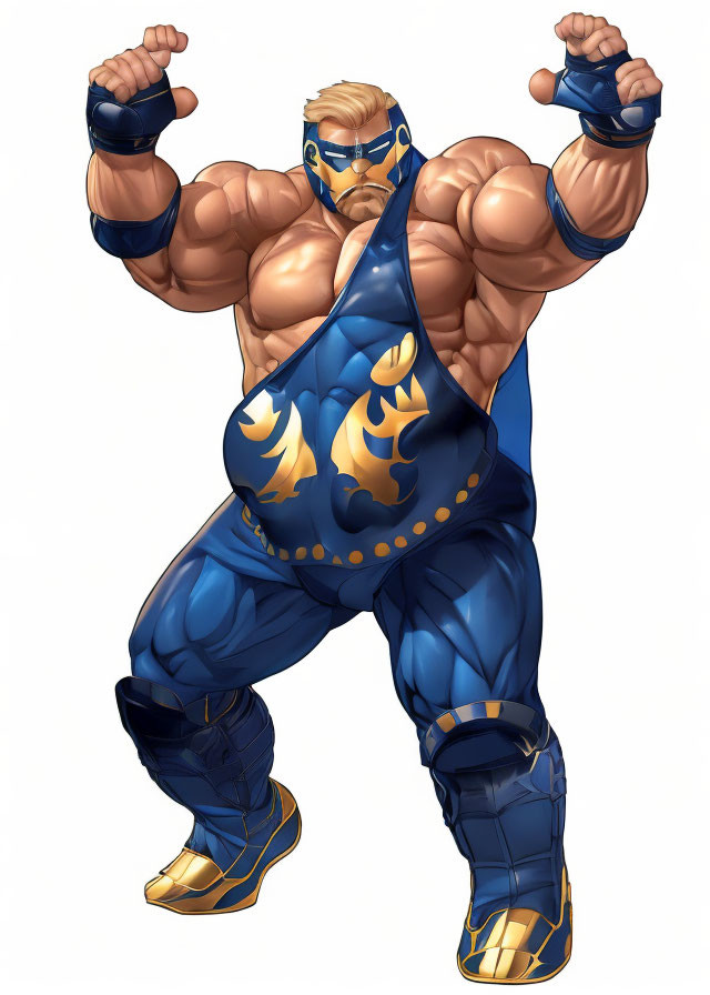 Muscular animated character in blue and gold costume with mask striking powerful pose