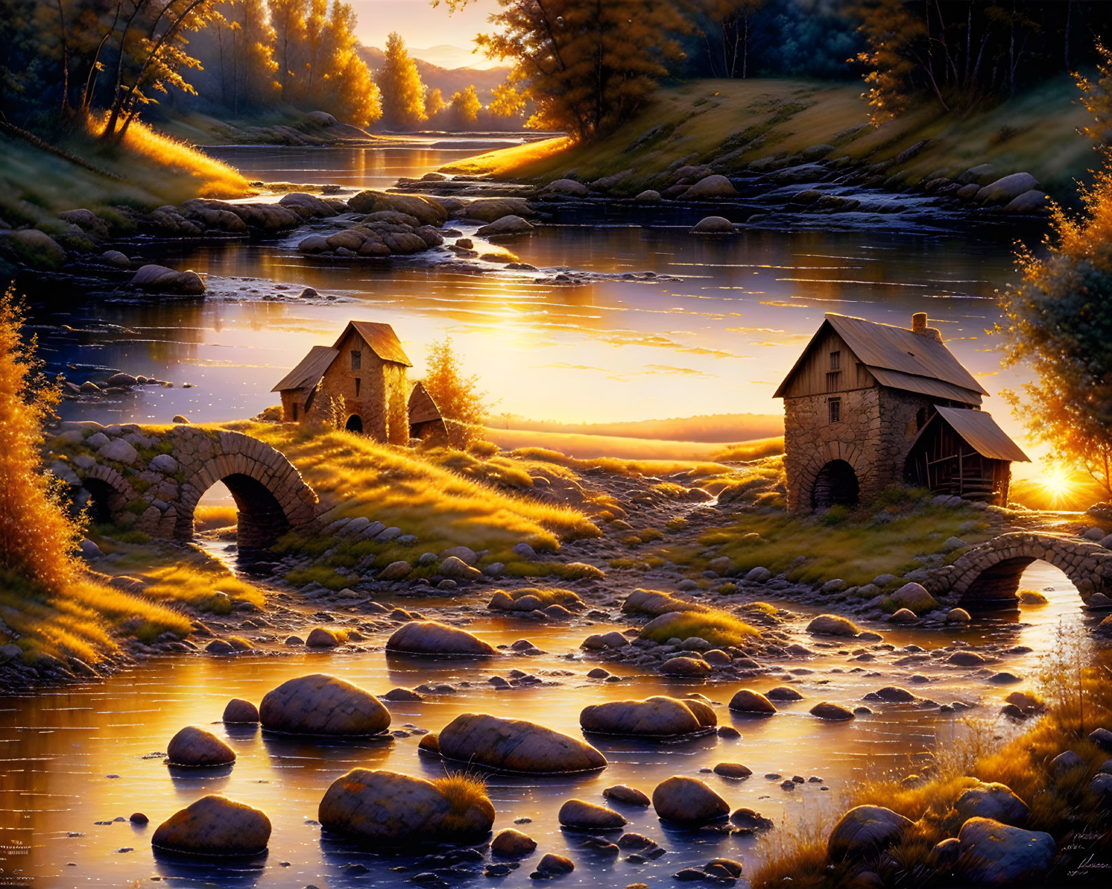 Serene river sunrise with stone houses and arch bridge