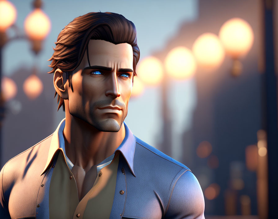 Stylized 3D-rendered man in blue shirt against cityscape at sunset