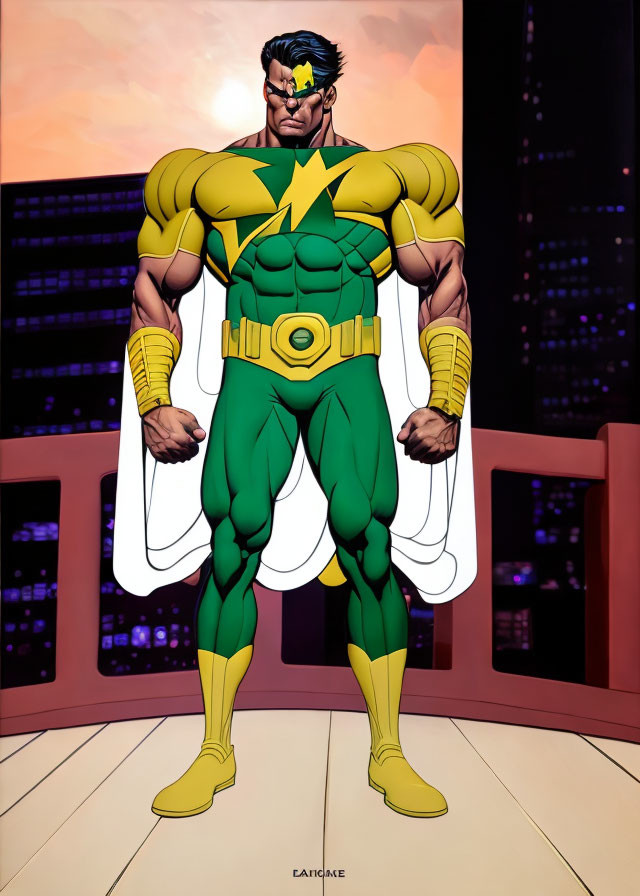 Muscular superhero in green and yellow suit with lightning bolt symbol, against sunset city backdrop