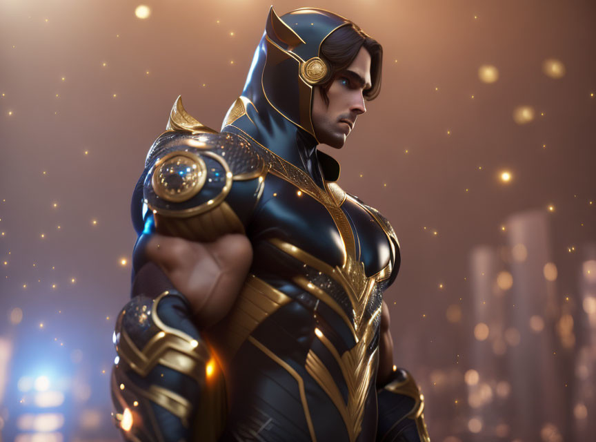 Male character in blue and gold armor against cityscape with golden particles