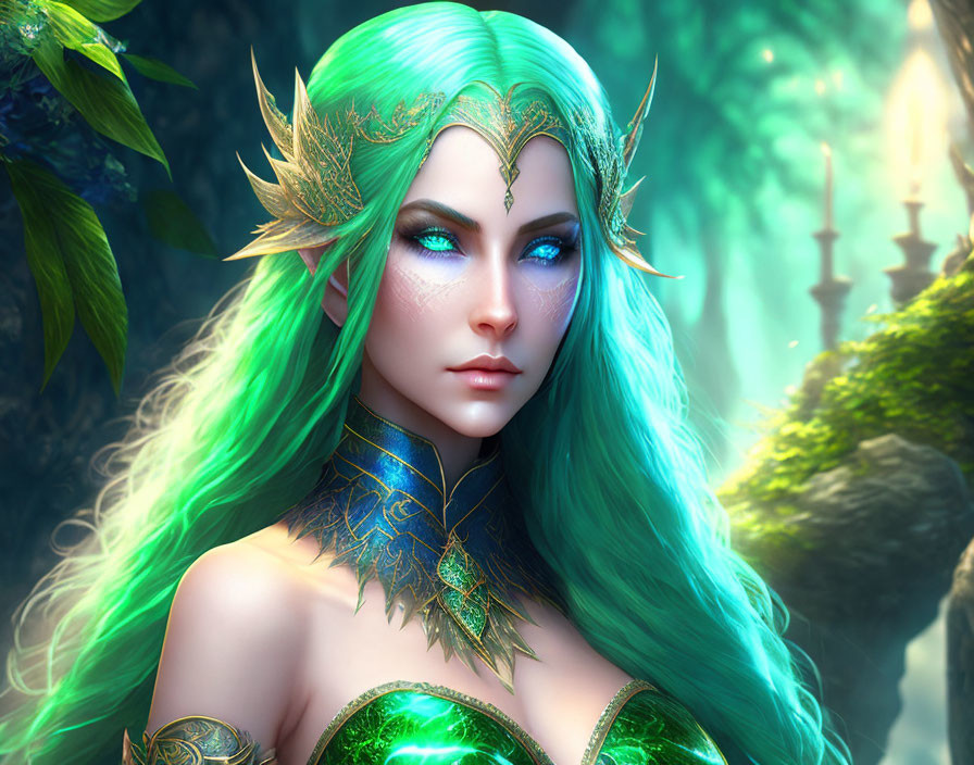 Fantastical female elf with green hair and blue eyes in enchanted forest.