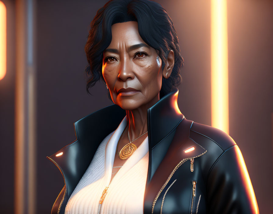 Stylized 3D portrait of elder woman in futuristic outfit