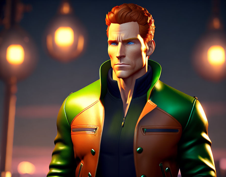 Male character with red hair in green and orange jacket in 3D illustration