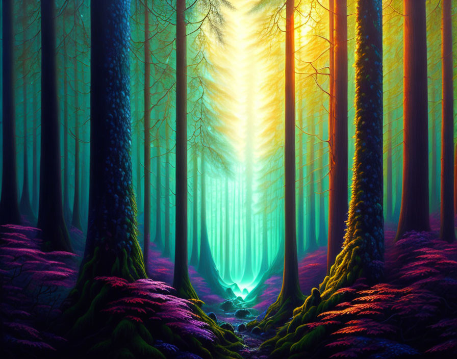 Vibrant Blue and Purple Mystical Forest with Ethereal Glow