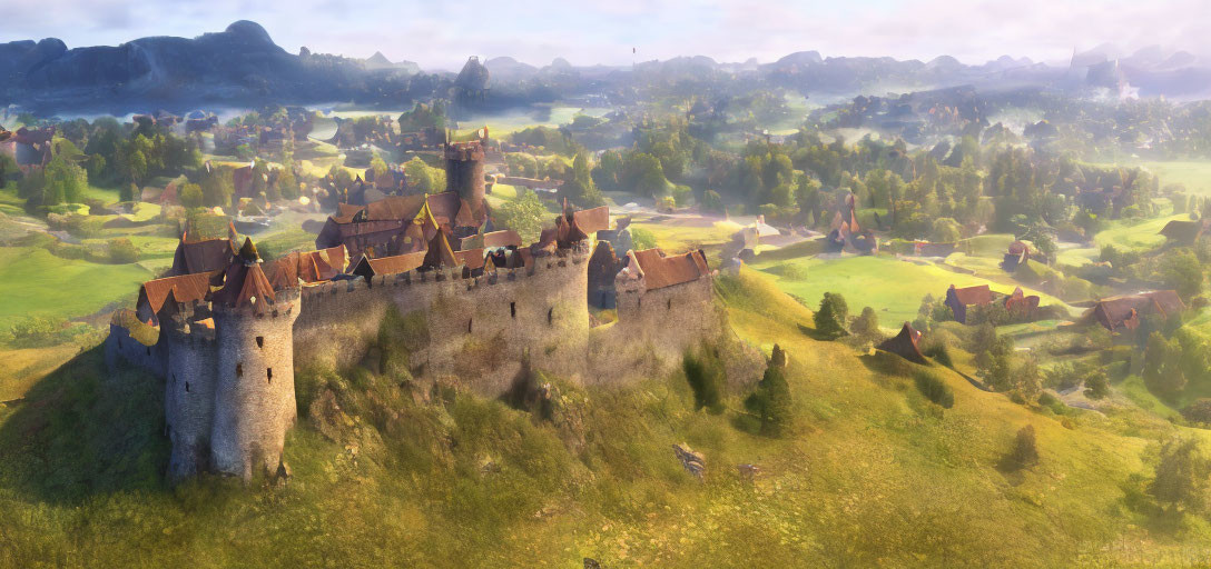 Medieval castle in morning sunlight with lush greenery & quaint houses