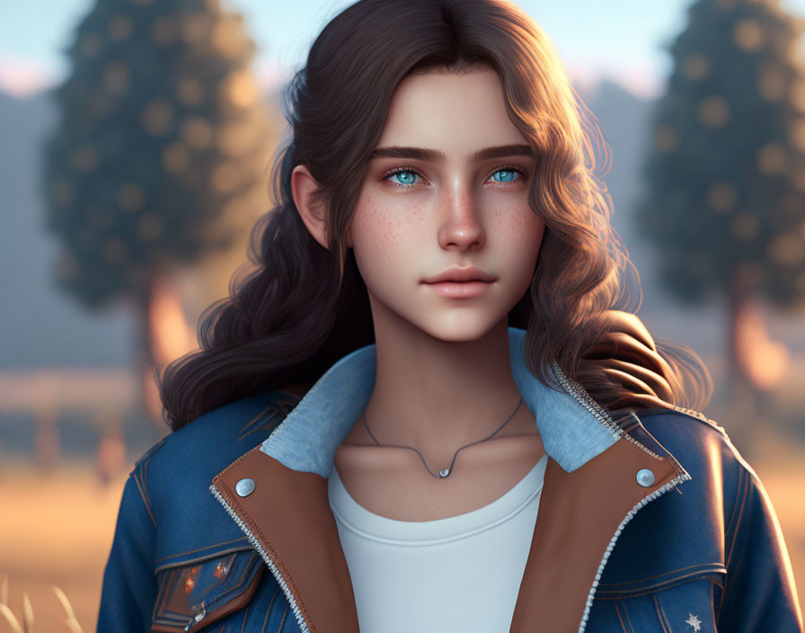 Portrait of young woman with blue eyes, freckles, wavy brown hair, denim jacket,