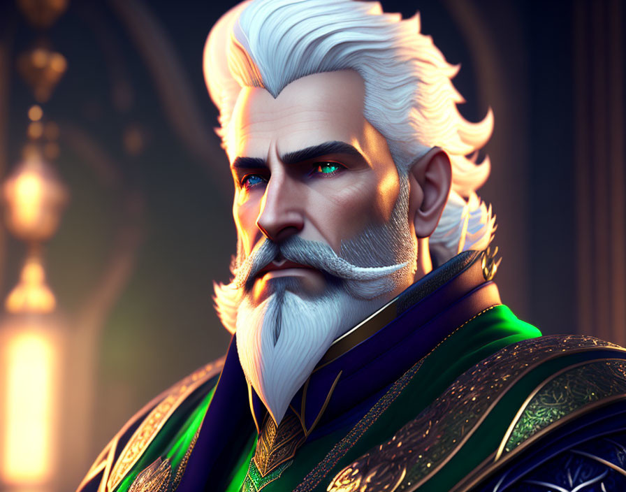 Animated character with white beard in green and gold attire