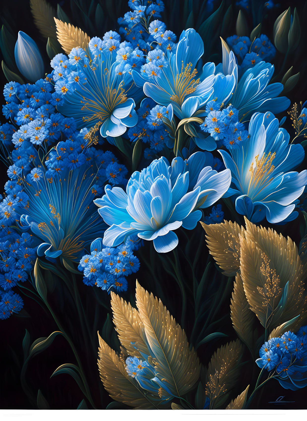 Vibrant Digital Painting of Blue Flowers and Foliage Scene