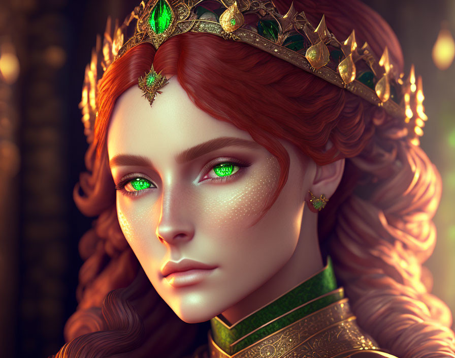 Digital Artwork: Woman with Green Eyes, Crown, Red Hair, Regal Attire