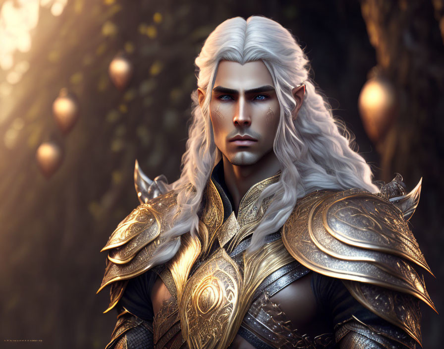 White-haired elf in golden armor in sunlit forest