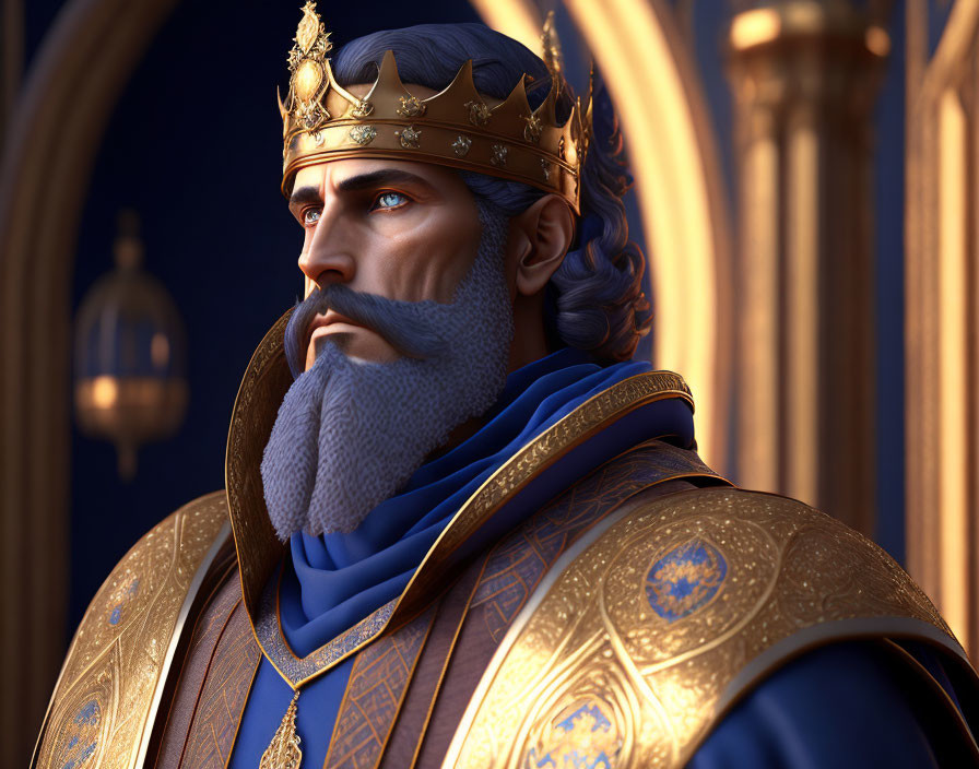 Regal digital artwork of dignified bearded king in blue and gold robe