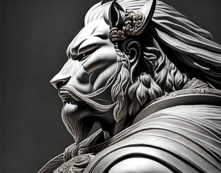 Stylized lion with human-like features in intricate armor