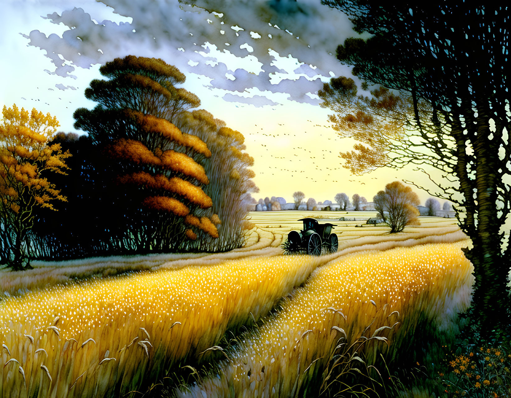 Golden wheat field painting with horse-drawn carriage at dusk