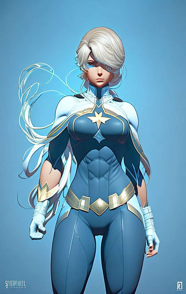 Female superhero with white hair in blue and white costume with star emblem