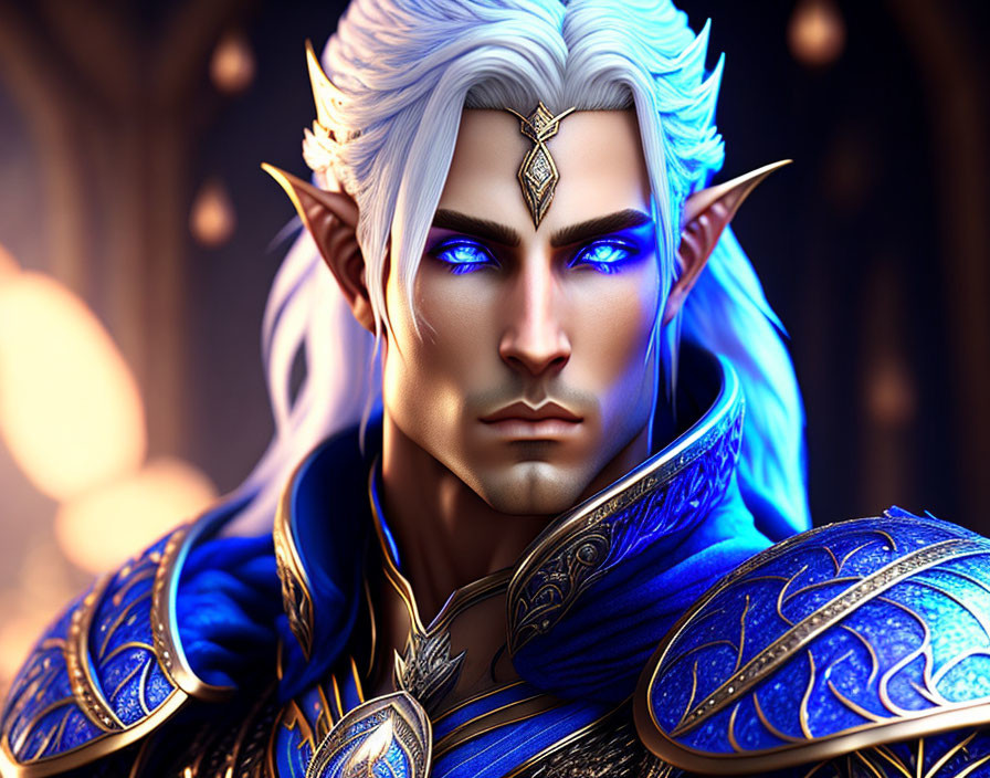 Blue-Eyed Elf in Ornate Blue Armor on Warm Background