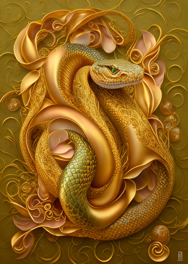 Gold-Toned Artwork: Coiled Serpent with Ornate Patterns