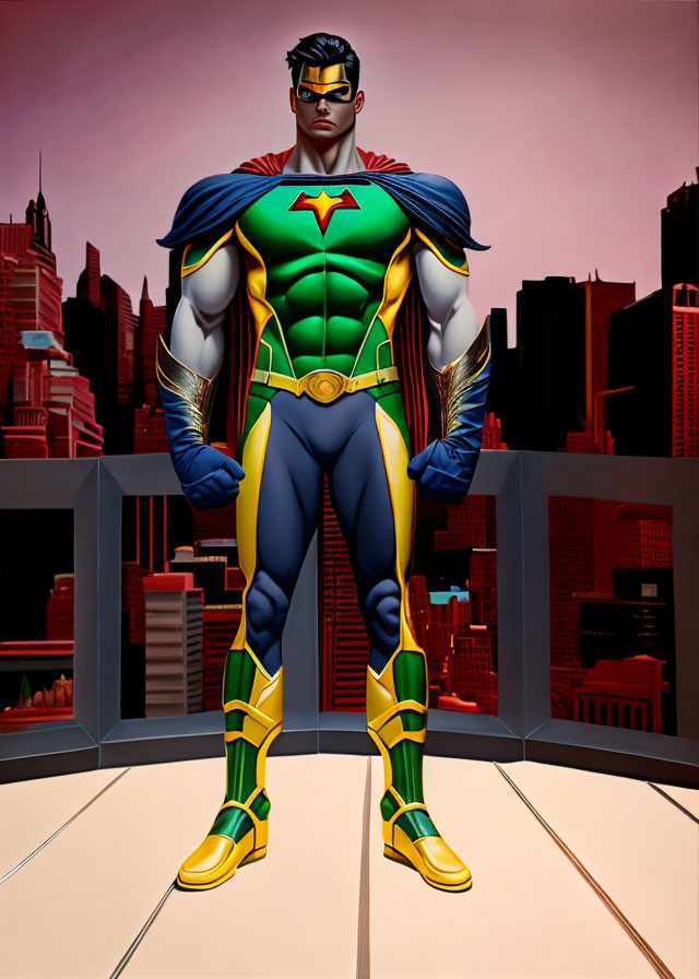 Muscular superhero in blue suit with cape and emblem against cityscape