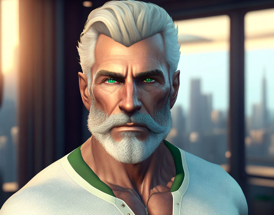 Digital artwork: Mature man with white hair and beard, green eyes, in white and green shirt,