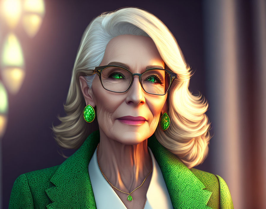 Elderly Woman Portrait in Green Blazer and Stylish Glasses