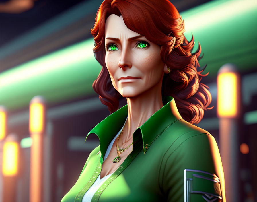 Digital Artwork: Woman with Green Eyes and Red Hair in Neon-lit Setting