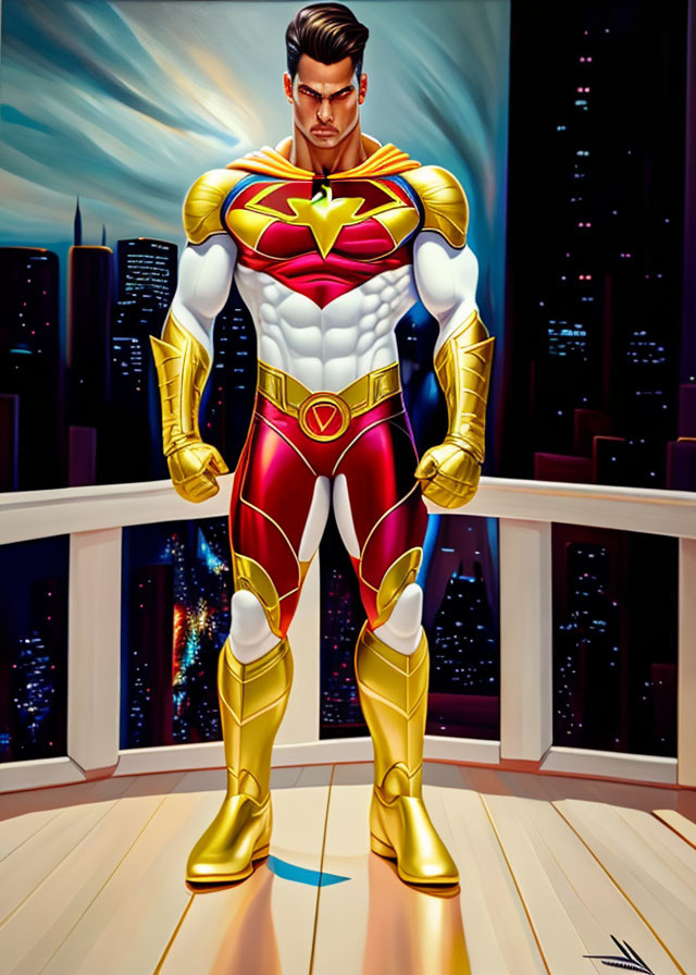 Muscular superhero in red, gold, and white costume against city skyline at night