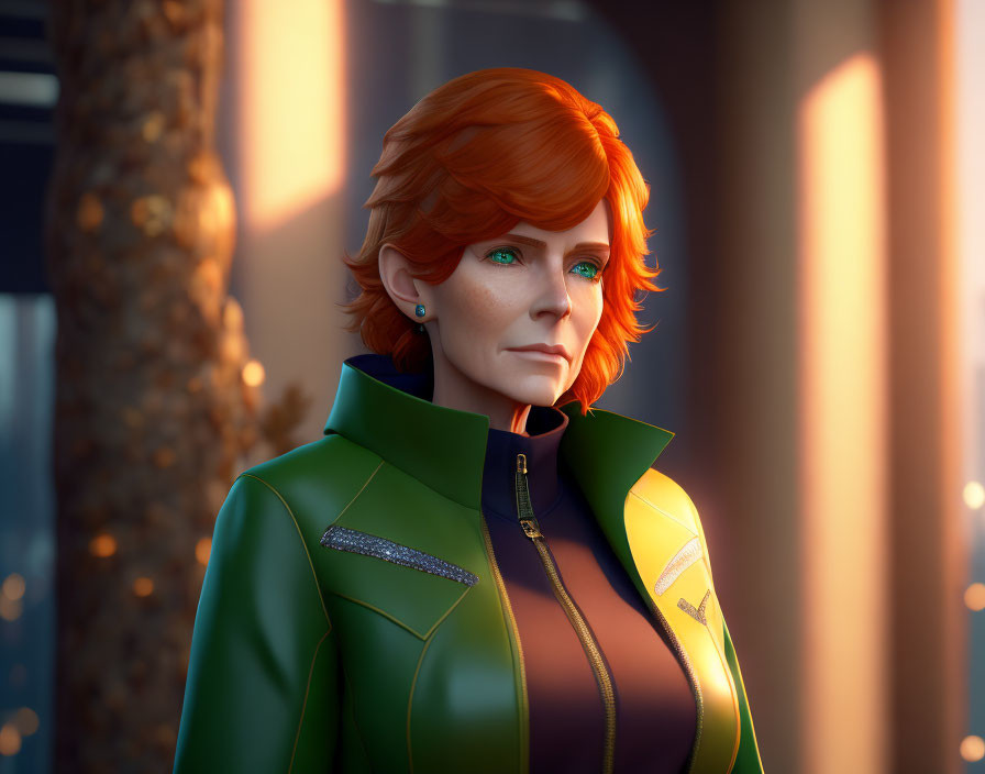 Digital portrait of woman with short red hair and green eyes in green jacket against blurred sunset background.