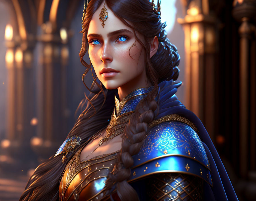 Detailed Female Warrior Illustration in Blue Armor & Jewelry