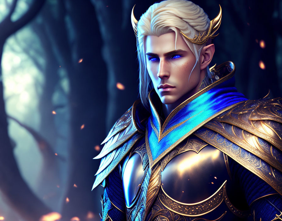 White-haired elf-like character in golden crown and ornate armor in mystical forest.