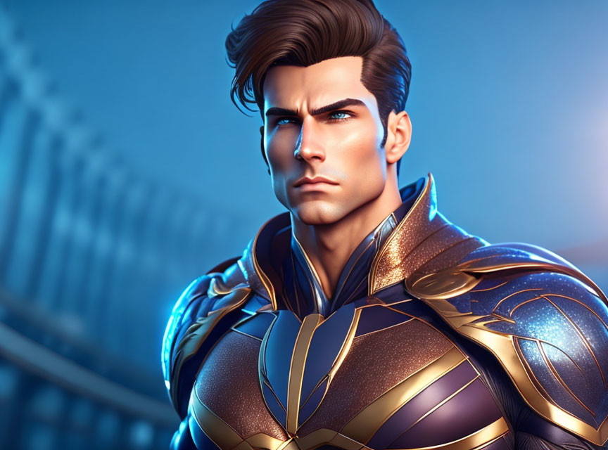 Male superhero in blue and gold costume 3D illustration