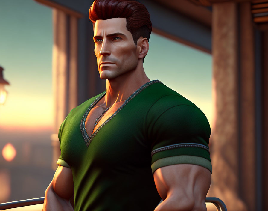 Muscular man in green shirt with styled hair on orange background