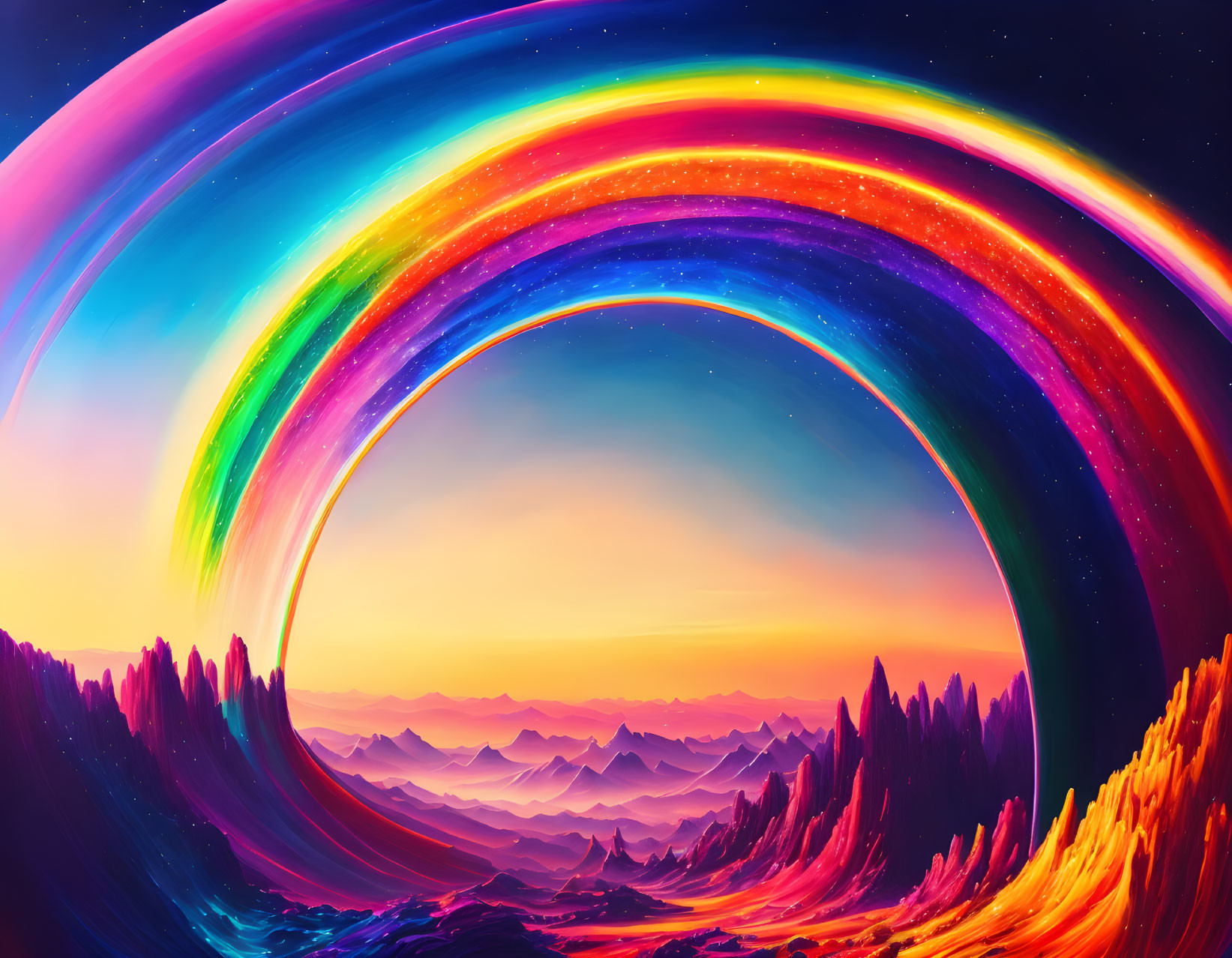 Surreal landscape with neon mountains and rainbow in twilight sky