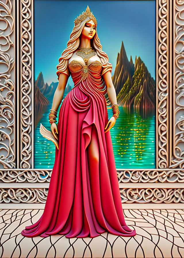 Regal figure in red gown and golden crown before fantastical landscape