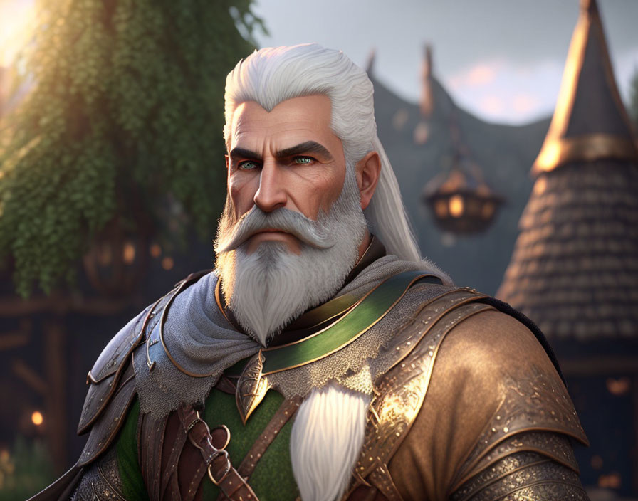 Elderly bearded fantasy character in ornate armor amidst medieval buildings at dusk