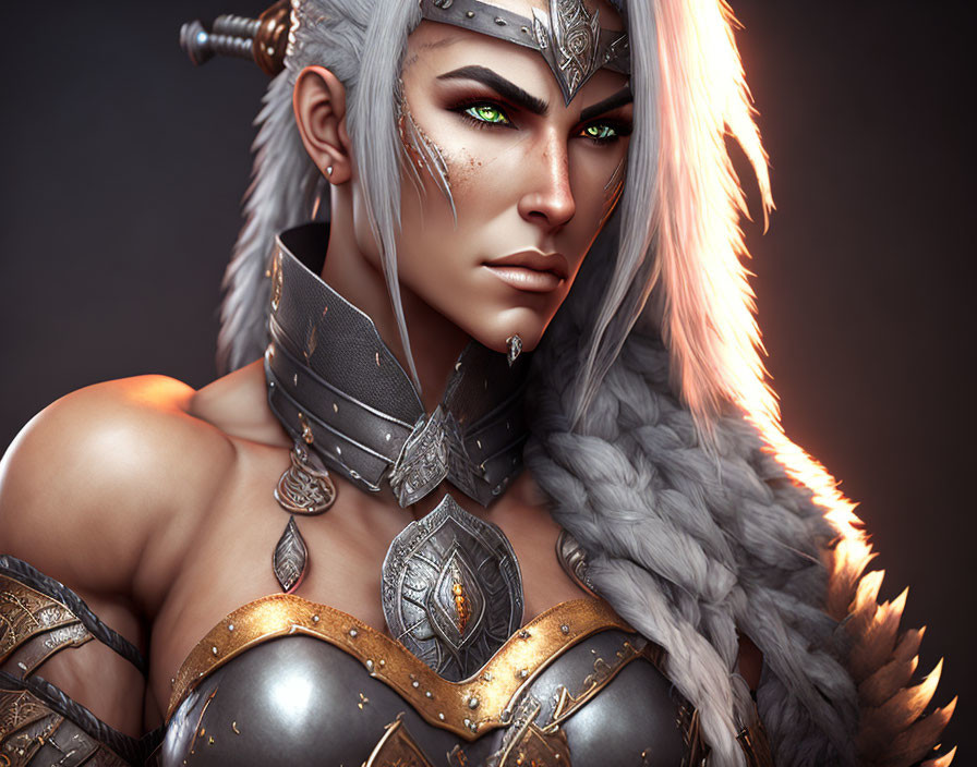 Detailed digital artwork: Female warrior with silver hair, green eyes, ornate headpiece, and metallic