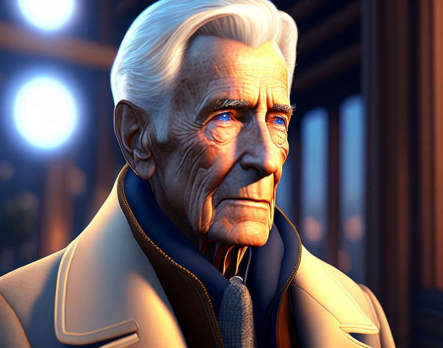 Elderly man with white hair and blue eyes in warm-lit setting