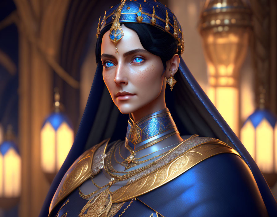 Regal woman with blue eyes in gold crown and royal attire in palace setting.