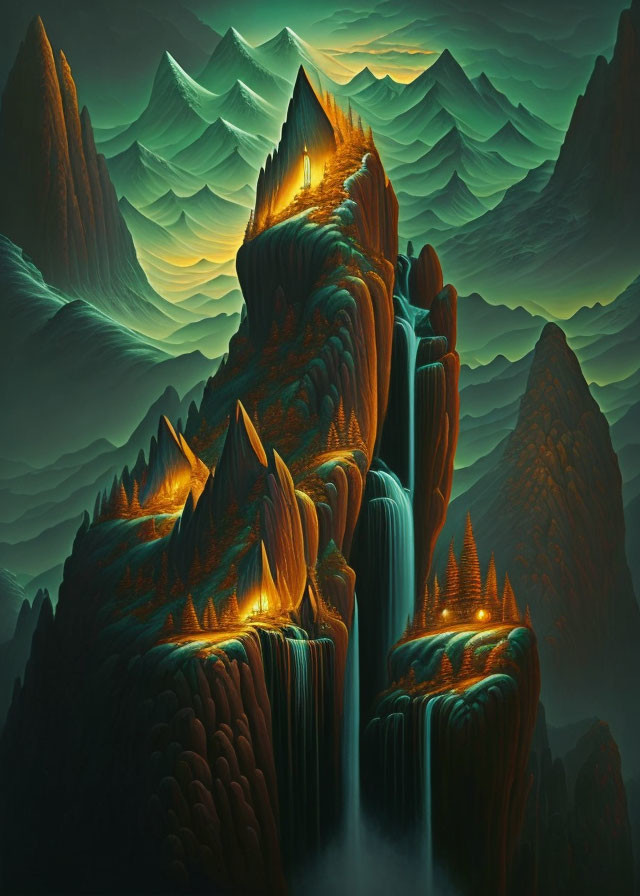 Surreal landscape with glowing peaks and cascading waterfalls